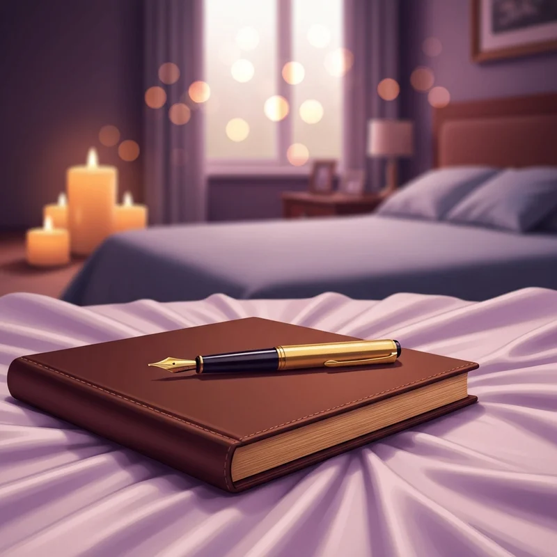 A private sex diary sex journal and pen resting on silk bed sheets in a dimly lit room.