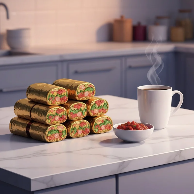 A collection of expertly prepared breakfast burritos meal prep units wrapped in gold foil on a kitchen counter.