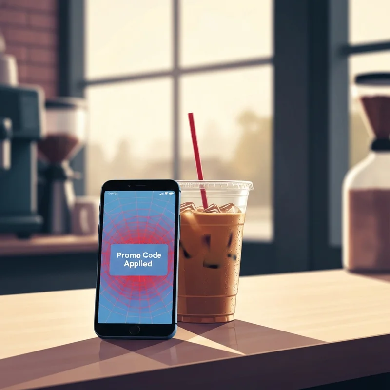 A morning coffee setup featuring a smartphone with the thankyouspidey dunkin promo code applied.