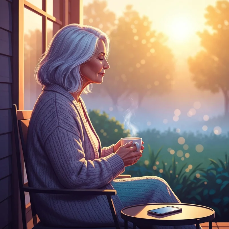 Una mujer adulta disfrutando de la dosis diaria de William Arana en un entorno tranquilo durante el amanecer.