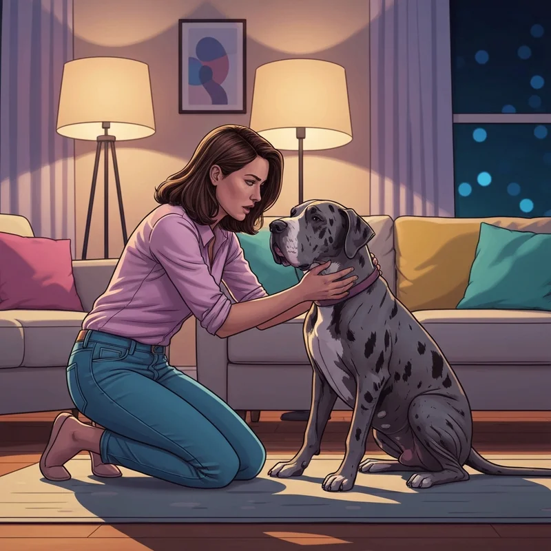 A concerned pet owner comforting a large dog while searching for a dog bloat cure during a late-night emergency.