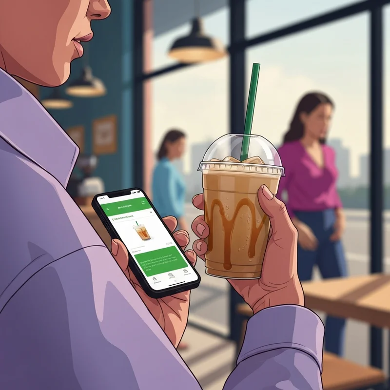 A young adult successfully using the Starbucks Rewards app to secure a starbucks $3 drink in a bright cafe.