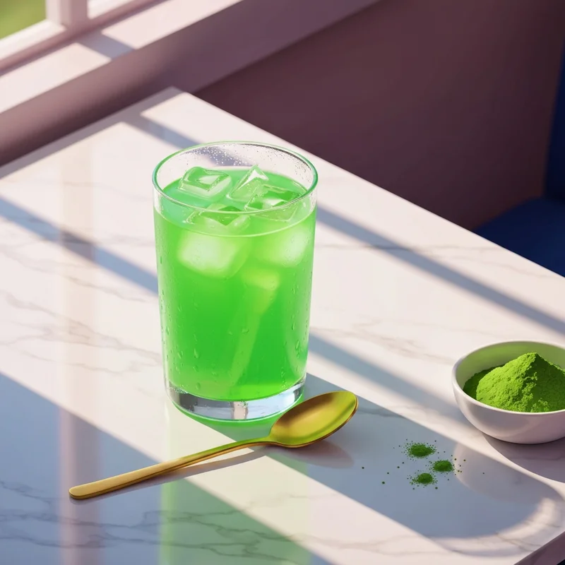 A vibrant and aesthetic starbucks matcha lemonade inspired drink on a marble table.