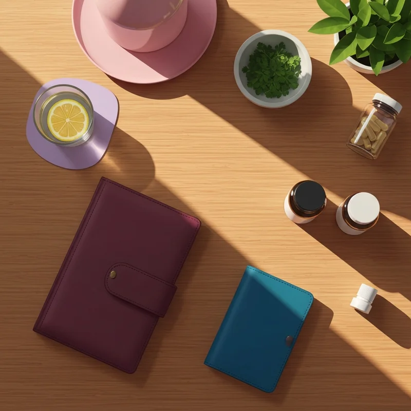 A serene flat lay of wellness tools and supplements for bloating on a modern office desk.