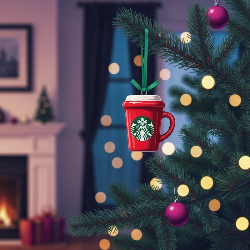 A close-up of 2025 Starbucks ornaments hanging on a festive Christmas tree with warm lighting.