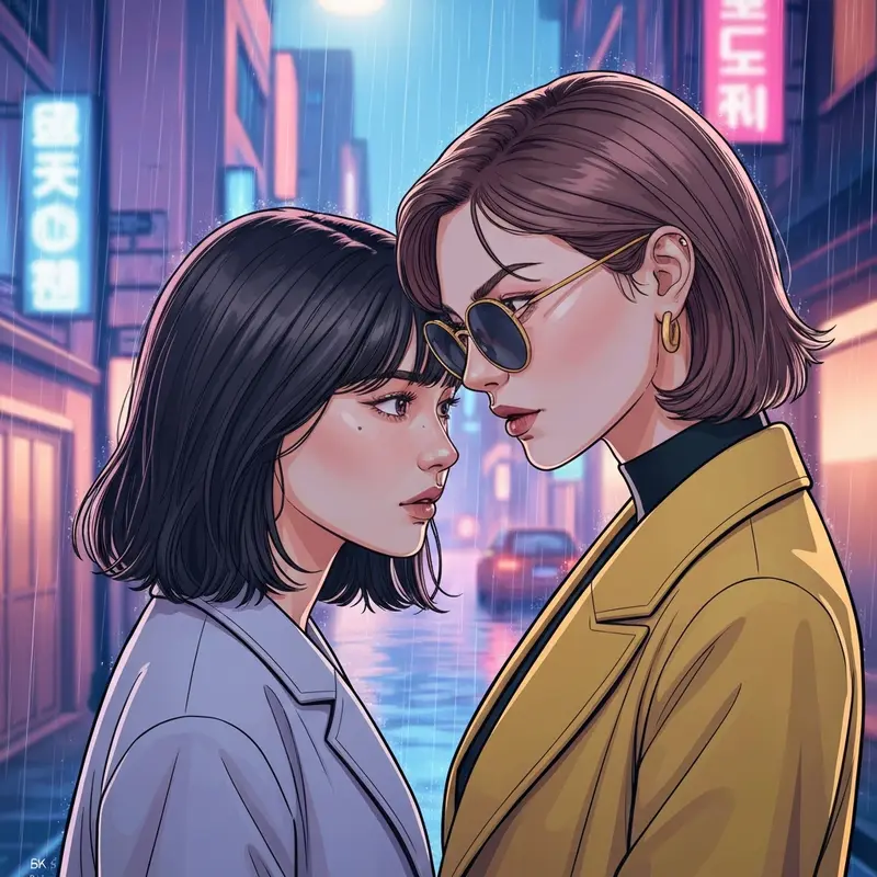 A psychological analysis of the Bad Thinking Diary characters Minji and Yuna standing together.