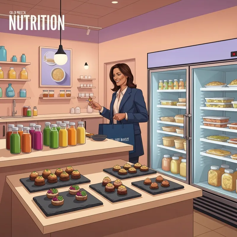 The interior of an elite black market meal prep juice bar & protein bites boutique in Orange CA featuring healthy meals and fresh juices.