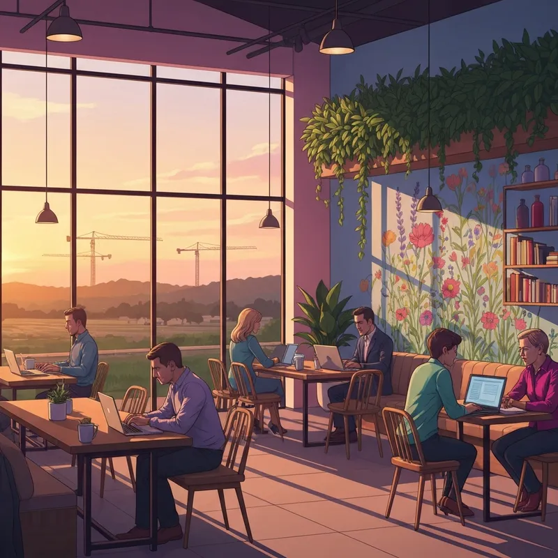 A modern and aesthetic interior of a starbucks mckinney style cafe featuring local art and a workspace for remote professionals.