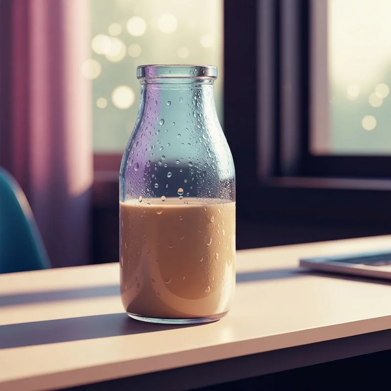 A chilled glass bottle showcasing the starbucks frappuccino in a bottle caffeine experience on a clean office desk.
