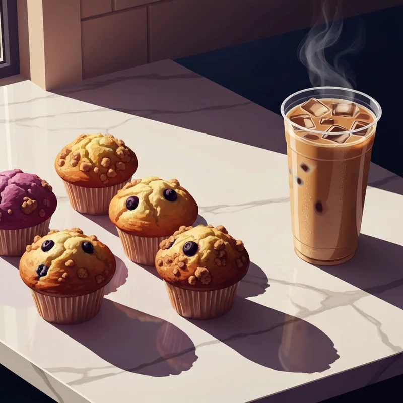 A variety of delicious dunkin muffin flavors arranged on a breakfast table with a fresh coffee.