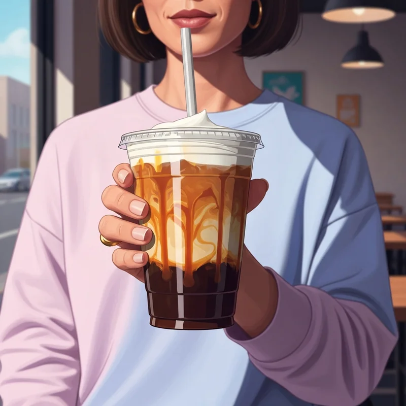 A perfectly layered best dunkin iced coffee with cold foam and caramel swirls in a clear cup.