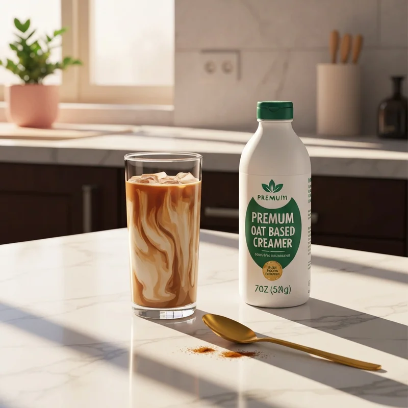 A close-up of a glass of iced coffee being mixed with starbucks brown sugar creamer on a bright kitchen counter.