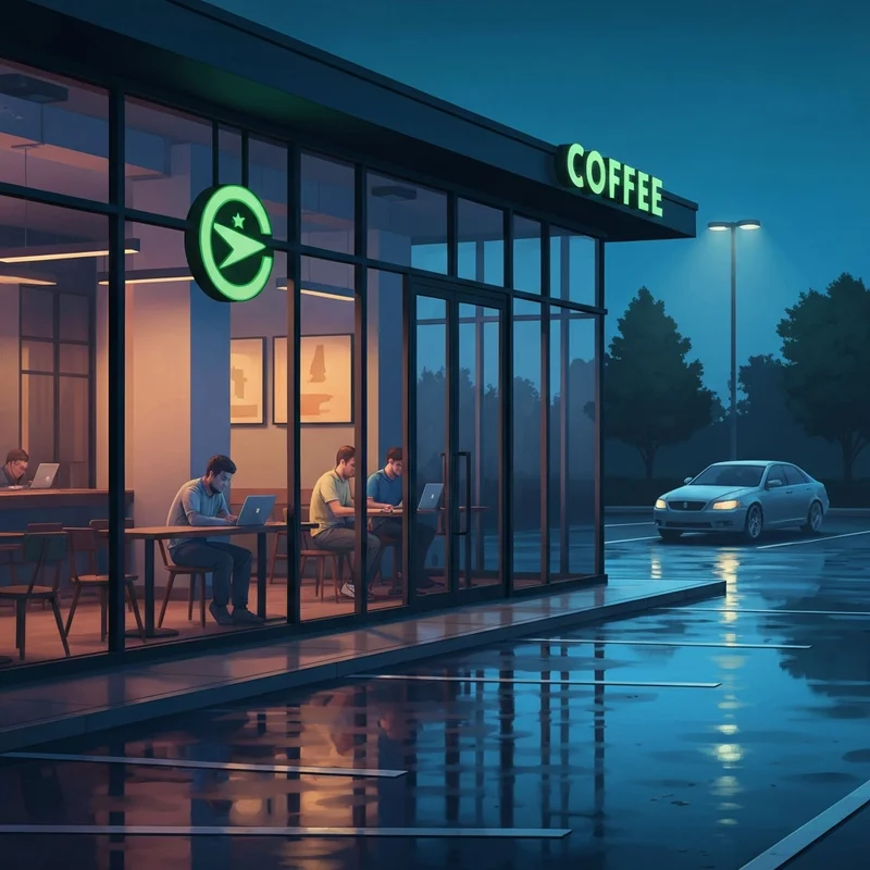 A late-night view of a Starbucks 24 hours near me with a glowing green sign and students studying inside.