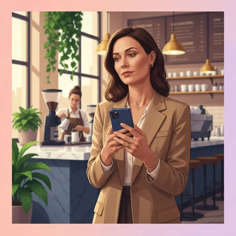 A young professional woman using her smartphone to check balance on starbucks gift card in a modern cafe.