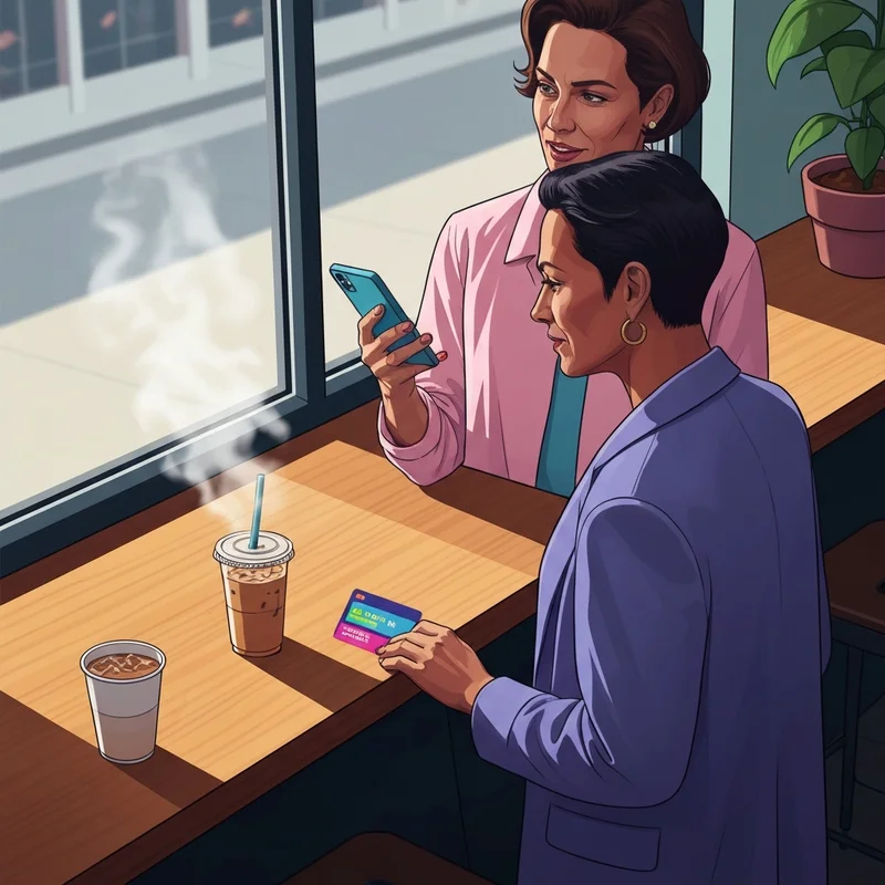 A person using their phone to check dunkin gift card balance while waiting in a modern cafe.