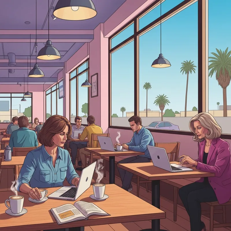 A group of students studying at a Starbucks Merced CA location with laptops and iced coffee.
