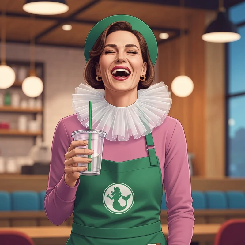 A stylish woman in a creative starbucks costume at a modern cafe.