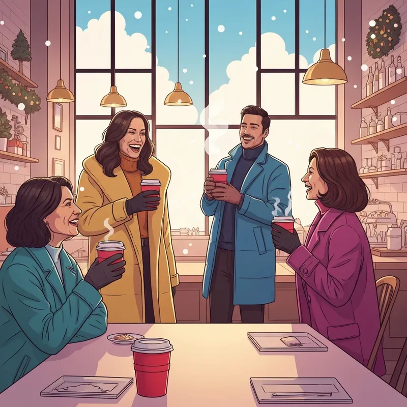 A group of friends celebrating when is red cup day at starbucks 2024 in a cozy cafe.