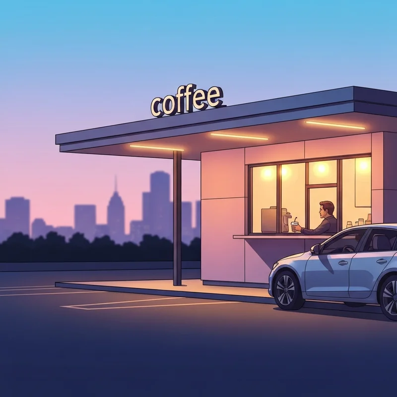 A person enjoying a quiet moment in their car at a starbucks with drive through near me during a sunset coffee run.