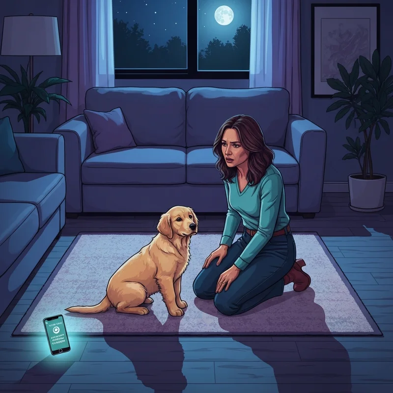 A concerned pet owner checking her dog for puppy bloat signs at night.