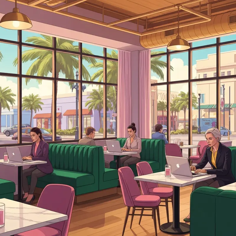 A modern and bright interior of a starbucks fort lauderdale location featuring professionals working on laptops with a view of palm trees.