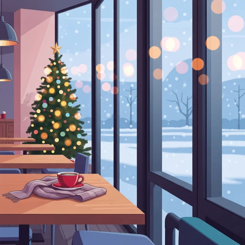 A cozy cafe scene representing the question is starbucks open on christmas with a red cup and winter decorations.