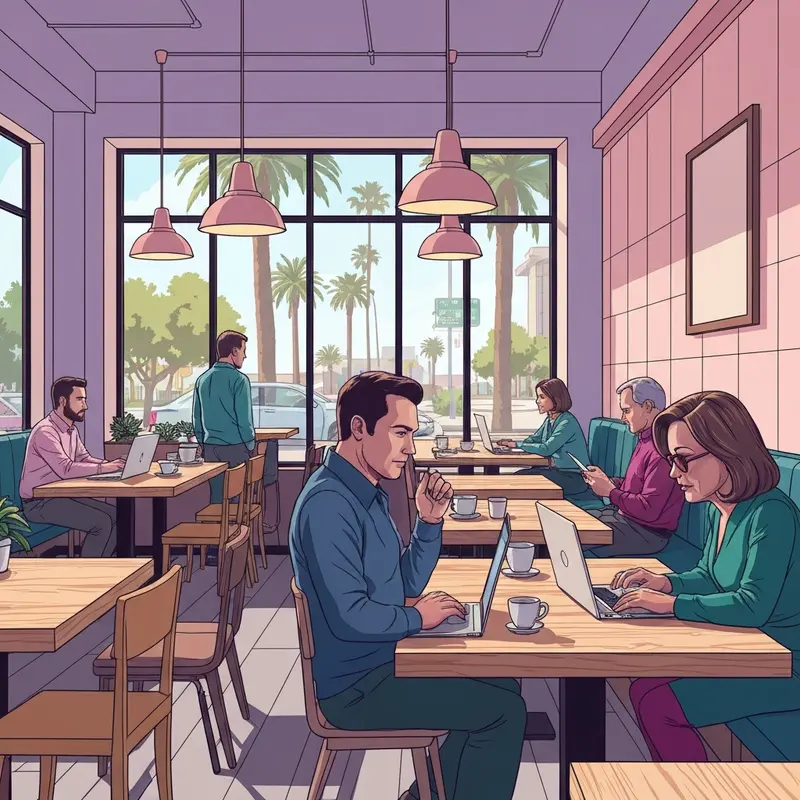 A peaceful morning scene inside a coffee shop near starbucks agnes avenue los angeles in North Hollywood.