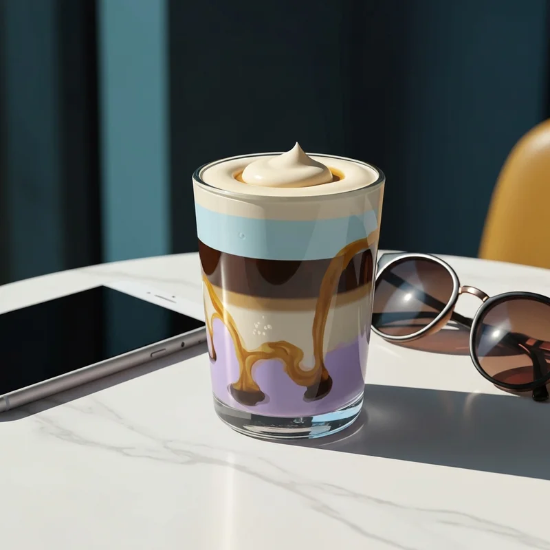 A perfectly layered glass of good starbucks drinks with coffee showing the marble effect of espresso and oatmilk with cold foam.
