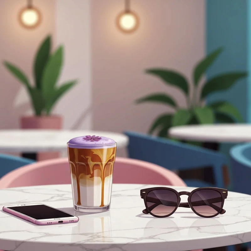 A visual representation of the best starbucks drinks featuring a layered iced latte with lavender foam on a marble table.