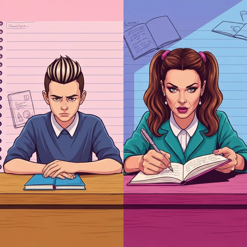 A visual comparison of two iconic middle school book characters representing the dork diaries vs diary of a wimpy kid meme.