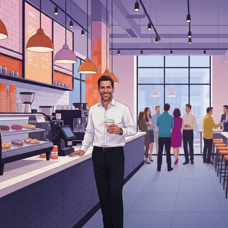 A successful entrepreneur reviewing the dunkin franchise cost and store operations in a modern retail setting.