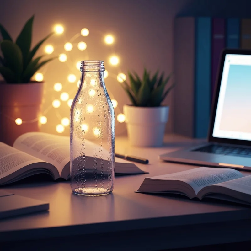 A chilled starbucks frappuccino bottle on a desk during a late-night study session.