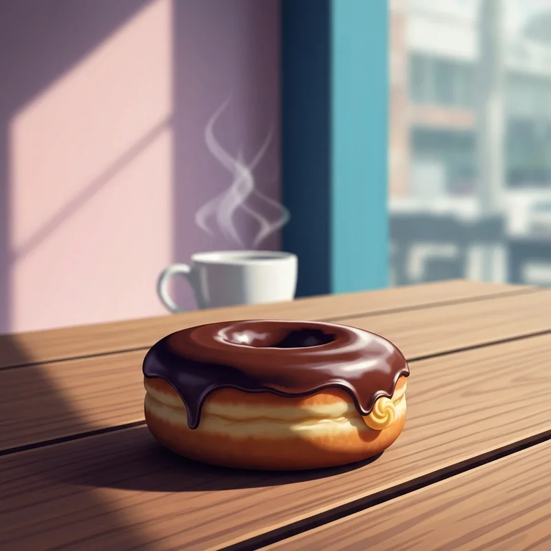 A perfectly glazed Boston Creme Donut Dunkin sitting on a wooden table with morning sunlight.