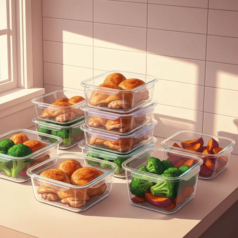 A perfectly organized aesthetic fridge setup featuring various containers of chicken thigh meal prep for a productive week.