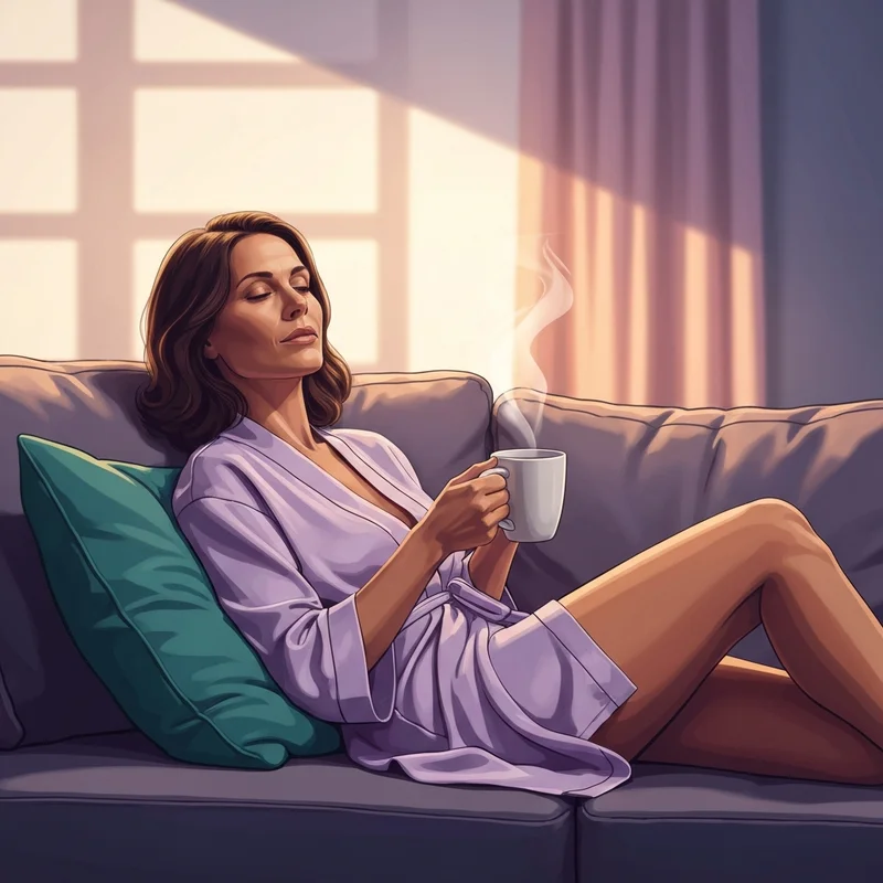 A woman practicing self-care to relieve bloating after sex with warm tea and comfortable clothing.