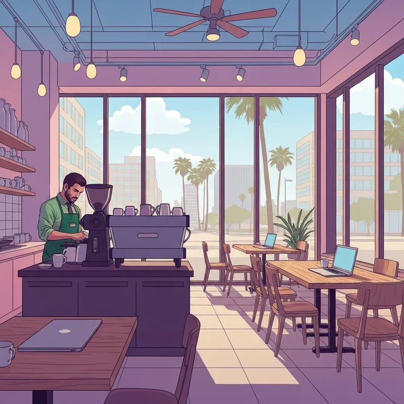 A busy starbucks riverside location with people enjoying coffee in a modern cafe setting.