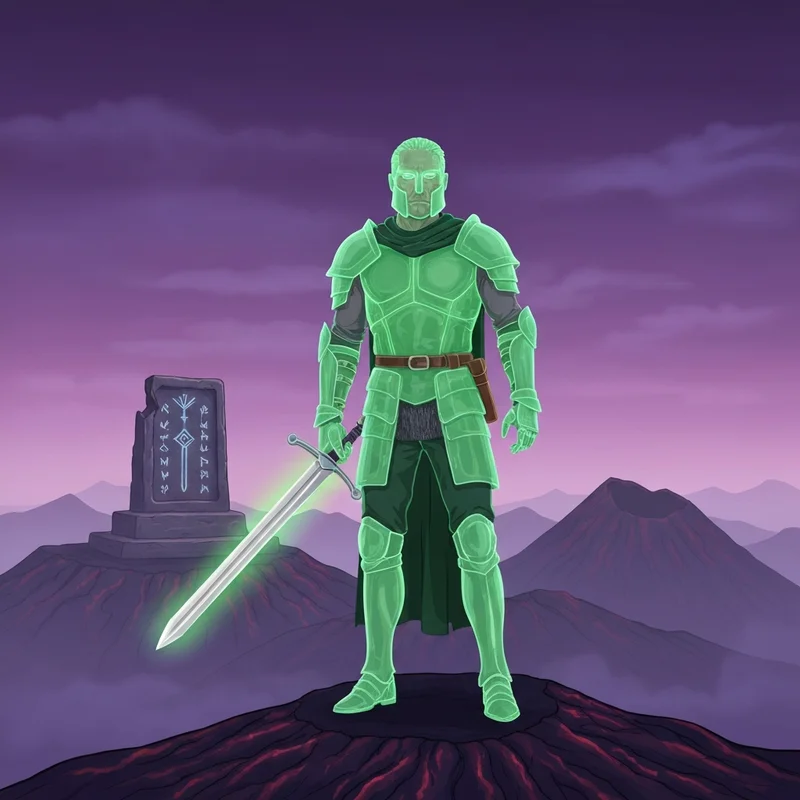 A brave warrior holding the rewards from the osrs wilderness diary in a dangerous volcanic landscape.