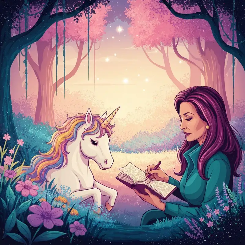 A magical unicorn writing in the unicorn diaries in Sparklegrove Forest.