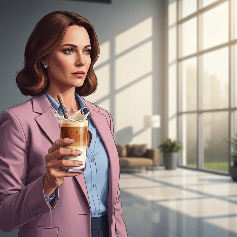 A professional woman enjoying low calorie iced coffee drinks at starbucks in a modern office setting.