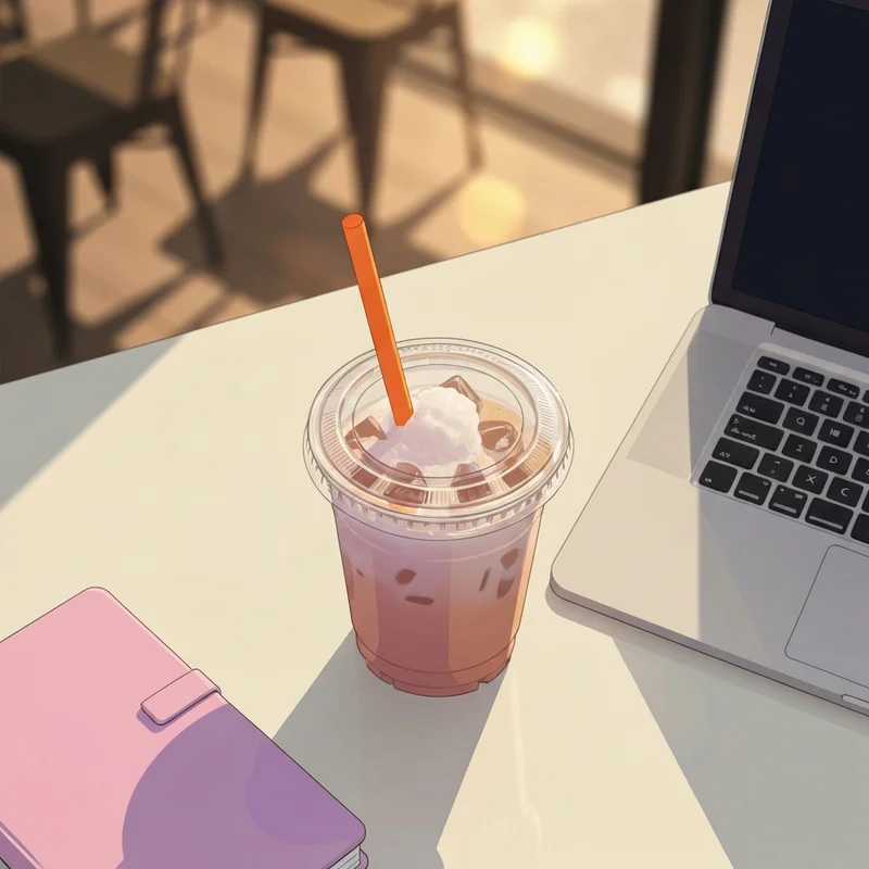 A medium iced coffee on a desk during dunkin happy hour for an afternoon productivity boost.