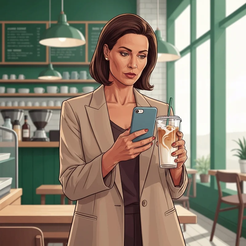 A professional woman using a Starbucks calculator on her phone to customize her morning coffee for health and productivity.