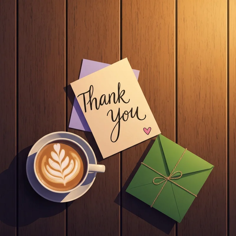 A cozy flatlay of a coffee cup and a thank you card for starbucks teacher appreciation.