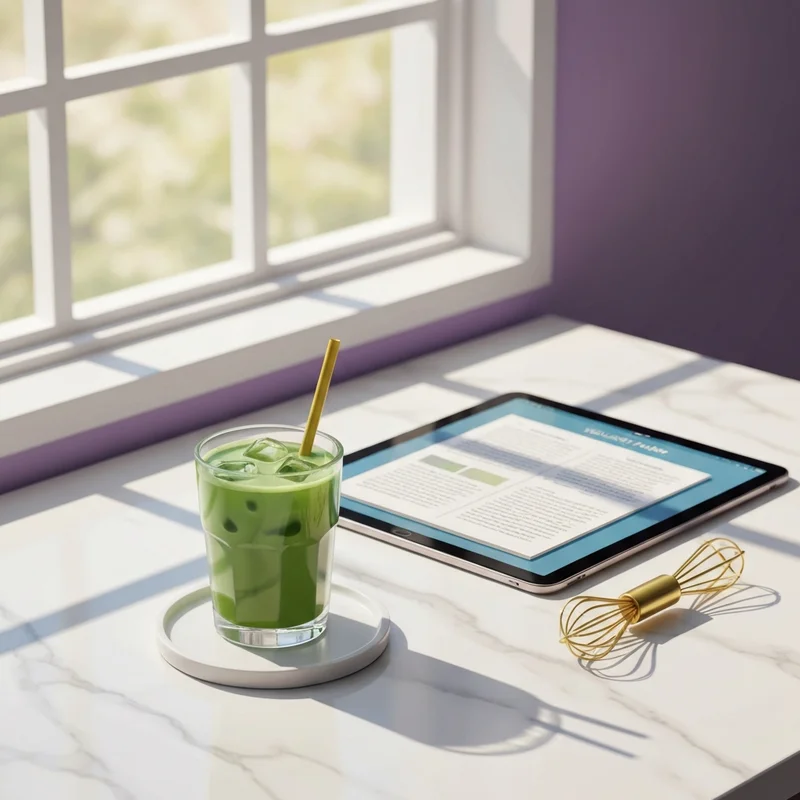 A refreshing iced matcha green tea latte starbucks style sitting on a clean white desk for a morning productivity session.