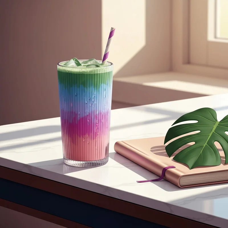 A perfectly layered matcha iced tea latte on a minimalist desk, symbolizing a high-vibrational morning ritual.