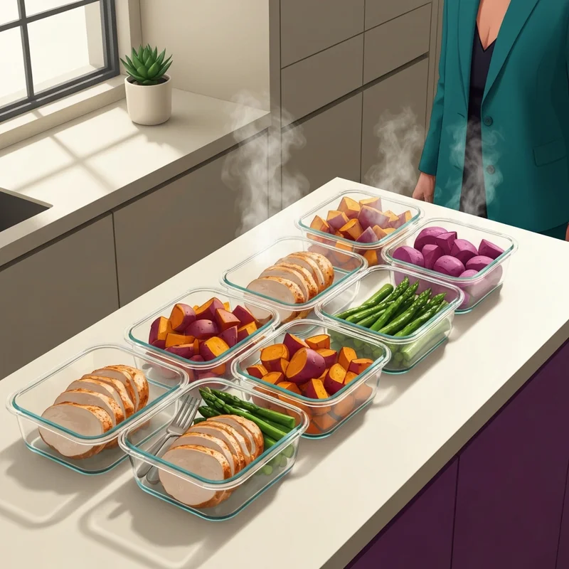 Aesthetic glass containers featuring high-quality chicken breast meal prep with roasted vegetables.