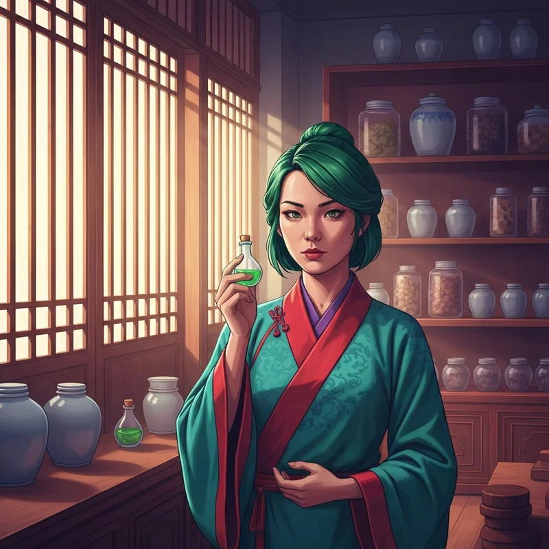 A clever herbalist analyzing a mysterious vial, capturing the essence of the apothecary diaries manga online experience.