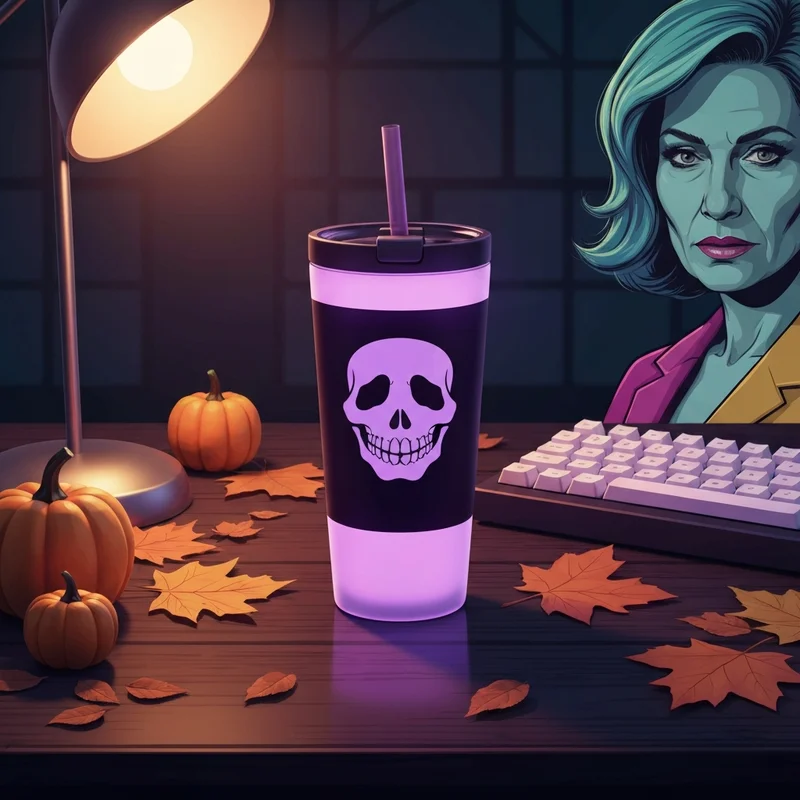 A close-up of the nightmare before christmas starbucks cup glowing in a moody autumn setting.