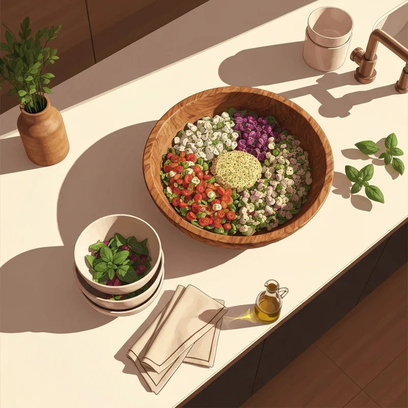 A large wooden salad bowl and ceramic pasta bowls on a sunny kitchen counter, representing aesthetic wellness and healthy habits.