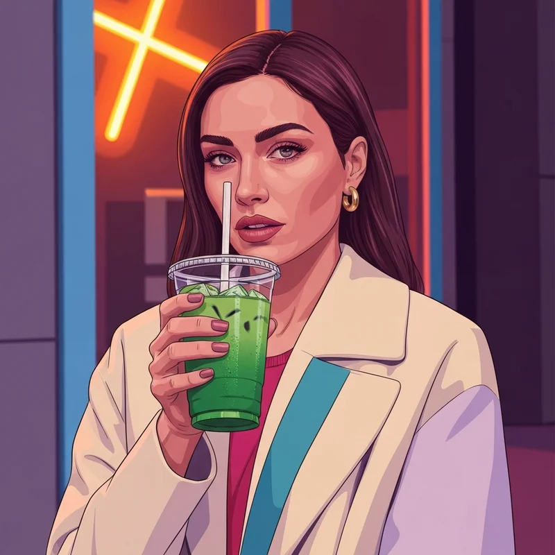 A trendy Gen Z girl holding a dunkin matcha latte in a modern city setting.
