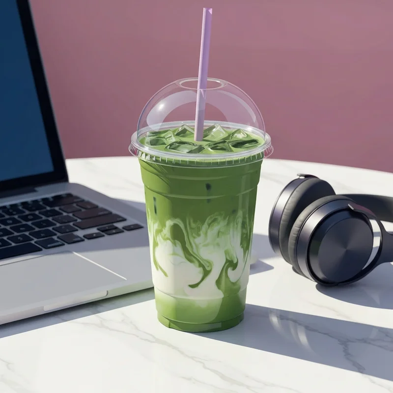 A beautiful iced green tea drink on a desk, illustrating the answer to does dunkin have matcha for a productive morning.